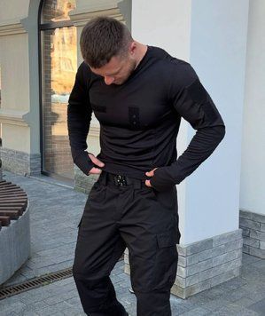 Тактичний лонгслів чоловічий 5.45style black із жетоном, Чорний, S